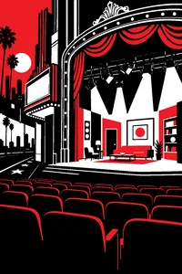 A grand old Los Angeles theater stage with a sketch comedy set, an empty audience and a dark marquee outside.