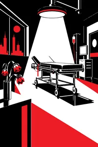 A futuristic hospital set with a chrome gurney, a dramatic spotlight and a vase of wilted metal flowers.