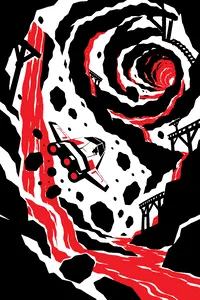 A small spacecraft tumbling through a twisting underground mine tunnel lit by orange lava, the tunnel spiraling in every direction.