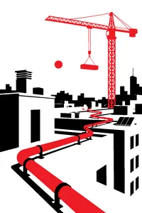 Bright white rooftops under a blue sky, a red crane and red pipes marking a path across them, a single small dot hovering in midair.