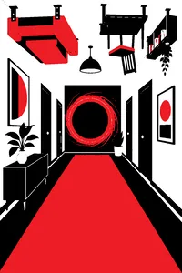 A hallway where gravity has flipped, furniture bolted to the ceiling and a glowing circular portal opening in the wall.
