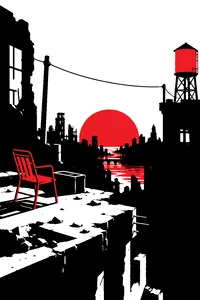 A rooftop at sunset in a ruined city, a rope line strung between buildings, an empty water tower below.