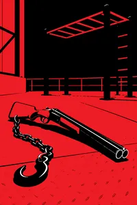 A double-barreled shotgun with a chain hook attached, lying on a red-lit metal floor beside a set of monkey bars.
