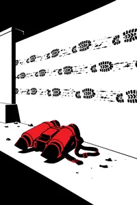 A wall covered in long skid marks of boot prints running horizontally across it, a jet pack lying on the ground below.