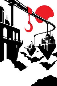 A steel rail looping through clouds between floating buildings, a hook-shaped skyhook dangling from it.