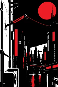 A neon-lit cyberpunk wall with a katana lodged in it, a grappling line stretching into the dark.