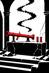A rocket launcher and a pair of springs on a brown stone platform, scorch marks spiraling upward on the wall.