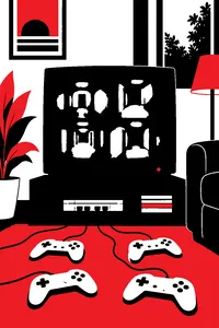 An old CRT television split into four quadrants of blurry gray corridors, four gray controllers on the carpet in front of it.
