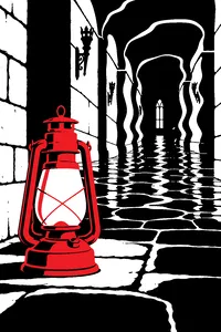 An old oil lantern on a stone castle floor, the corridor behind it warped and swimming as if seen through water.