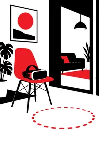 A VR headset resting on a chair beside a dotted arc of light on the floor showing a teleport landing spot.