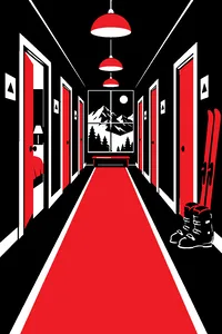 A snowy mountain lodge hallway at night lined with identical bedroom doors, one ajar, ski boots by the wall.