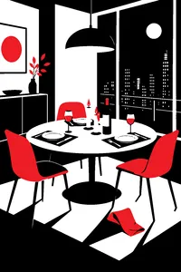 A candlelit dinner table set for three in a modern apartment, a wine bottle and a single dropped napkin.