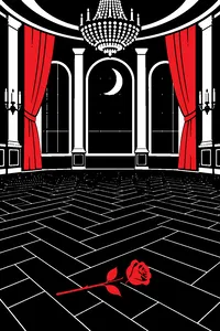 An empty ballroom dance floor under a crescent moon decoration, a single rose on the parquet.