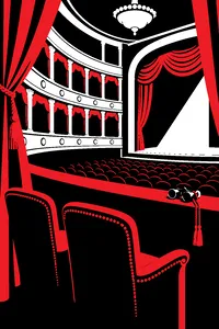 An opera house balcony box with two empty velvet seats and a pair of opera glasses on the rail.