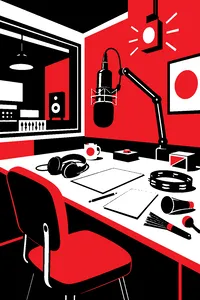 A vintage radio studio with an on-air light, a microphone stand and sound effects props scattered on a table.