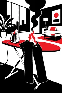 An ironing board with a scorched pair of trousers, an iron and a small fire in a sleek living room.