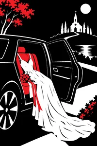 A wedding dress draped over a car seat at night, a church in the distance.