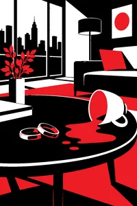 Two wedding rings on a coffee table in a stylish apartment, a teacup knocked on its side.
