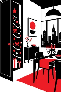 A decorated Christmas tree half-hidden behind a closet door in an upscale apartment, a menorah on the table.