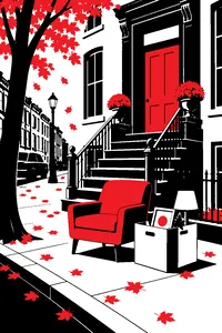 A Boston brownstone stoop in autumn with a single armchair and a moving box on the sidewalk.