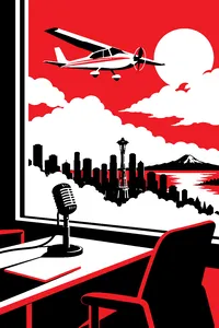 A small airplane above the clouds, a Seattle skyline fading below and a radio microphone on an empty desk.
