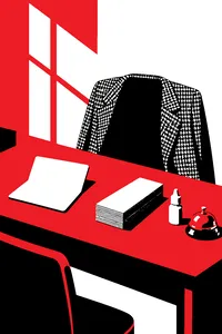 A plain wooden desk with an old bank passbook and a neat stack of cash, a tweed jacket over the chair and a pair of eyedrops beside the buzzer.