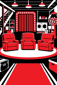 A cluttered basement game show set with three recliner chairs, a washer and dryer, and a giant novelty candy dispenser.