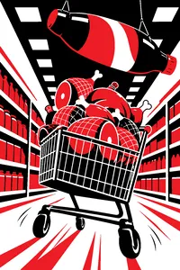 A runaway shopping cart overflowing with hams and turkeys in a bright supermarket aisle, a giant inflatable soda bottle overhead.