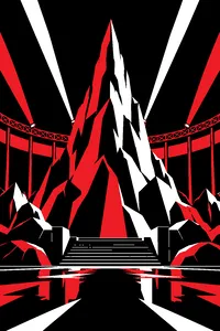 A tall jagged artificial mountain lit in glowing neon colors in an arena, fake rocks and spotlight beams.