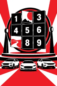 A big rotating game board of numbered tiles, a few flipped to reveal pieces of a picture puzzle, a row of shiny new cars below.