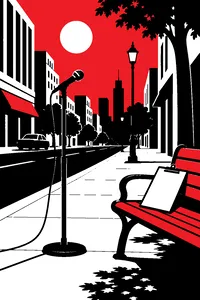 A city sidewalk at noon with a lone microphone on a stand and a clipboard of trivia questions on a bench.