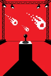 A glowing blue chroma-key stage with a joystick on a pedestal, pixelated fireballs projected across the empty space.