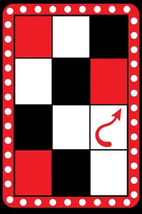 A flashing game board of colored squares with lights racing around it, a single cartoon red devil-tailed shape on one tile.