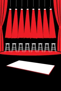 Eight identical empty stools lined up on a dim stage, a large prize check face down on the floor.