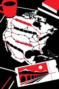 Rows of small plastic train cars in five colors laid along a map of North American railway routes, a paper train ticket on top.