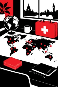 A world map with colored cubes clustered on cities, a vintage medical kit and a stack of red cards on the table edge.
