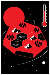 A hexagonal red planet board slowly turning green and blue, tiny ocean and forest tiles scattered across it, a thermometer on the side.