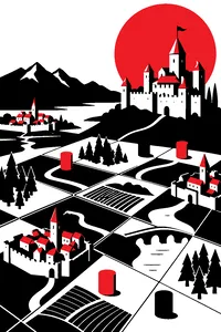 Square terrain tiles forming a medieval landscape of walled cities and roads, small wooden figures standing on them.