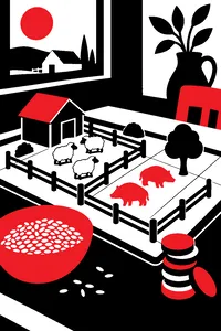 A tiny farm of wooden fences, sheep and boars on a board beside a bowl of grain and a nervous-looking stack of food tokens.
