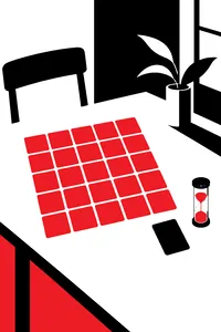 A five-by-five grid of blank face-down cards on a table, a single black card set apart, a small sand timer next to it.