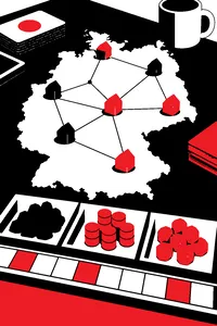 Wooden houses connected by pencil lines on a German map, piles of tiny coal, oil and uranium tokens in a market track.