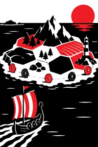 A hexagonal island board with a small black barbarian ship sailing toward it and wooden knights guarding the shore.