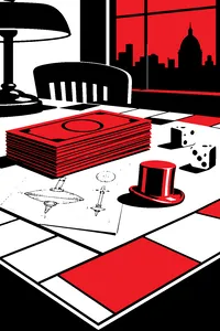 A stack of paper money and a little metal top hat abandoned on a game board, a yellowed 1904 patent drawing peeking out underneath.