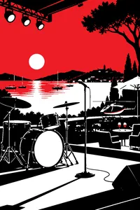 A drum kit and a microphone stand on a sunlit outdoor stage overlooking a harbor, wine glasses and a helicopter on the lawn below.