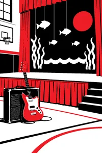 A red electric guitar leaning against an amp on a 1950s school-gym stage decorated with paper fish and a sea-themed backdrop.