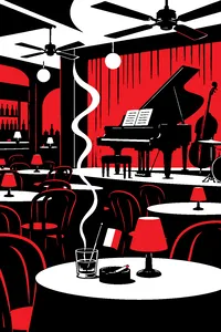 A crowded nightclub bandstand with a piano, sheet music and a small French tricolor flag in a glass, cigarette smoke curling under ceiling fans.