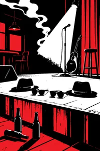 Two pairs of black sunglasses and two black fedoras on the stage of a smoky country bar, empty beer bottles at the foot of the stage.