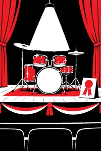 A sparkling drum kit on a small-town talent show stage with a cardboard first-prize sign and a single spotlight.