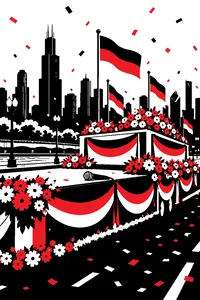 A parade float covered in German flags and flowers on a Chicago street, a microphone lying on its edge, confetti in the air.