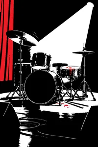 A drum kit on a concert stage under a single hot spotlight, a cymbal still trembling and drops of sweat and blood on the snare.